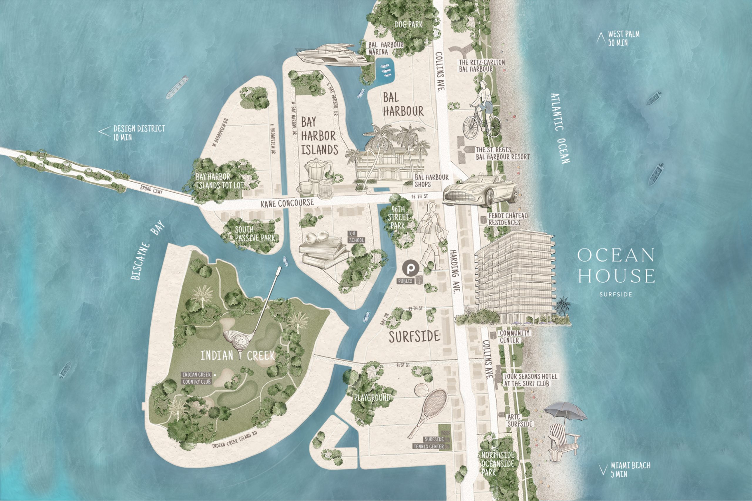 Map of Surfside around the new luxury oceanfront condominiums at Ocean House Surfside in Florida.